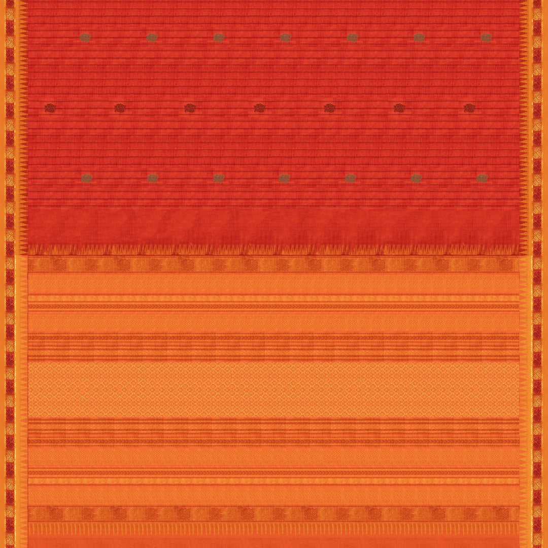 Orange handwoven silk cotton saree with yellow temple border, annam motifs and traditional pallu