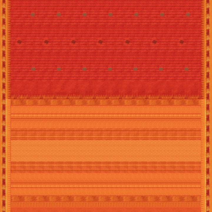 Orange handwoven silk cotton saree with yellow temple border, annam motifs and traditional pallu