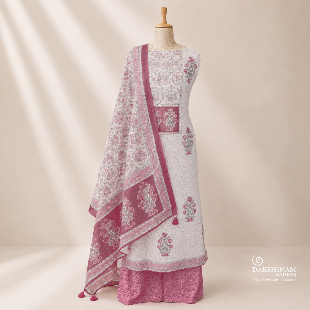 White and Pink Cotton Floral Printed 3 Piece Suit Set with Dupatta 44N046087DSC