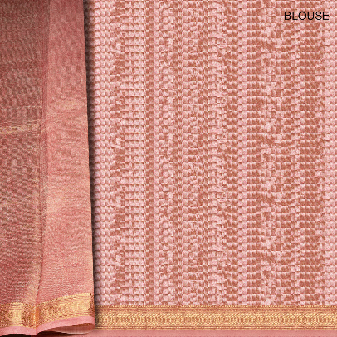 Pink Chanderi silk cotton saree with gold zari dotted triangle motifs and embroidered lace border