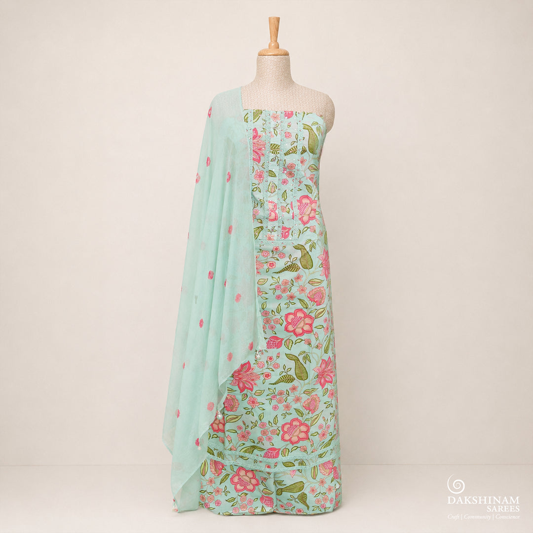 Aqua Green Three-Piece Suit Set with Floral Handwork and Bandhani Dupatta 71T017331DSC
