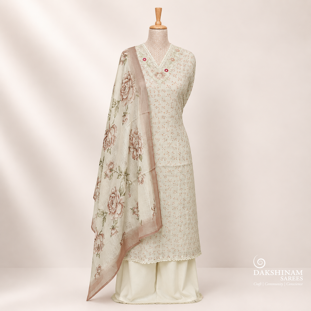 Off White Linen Floral Embroidered 3 Piece Suit Set with Digital Print Dupatta 39T015636DSC