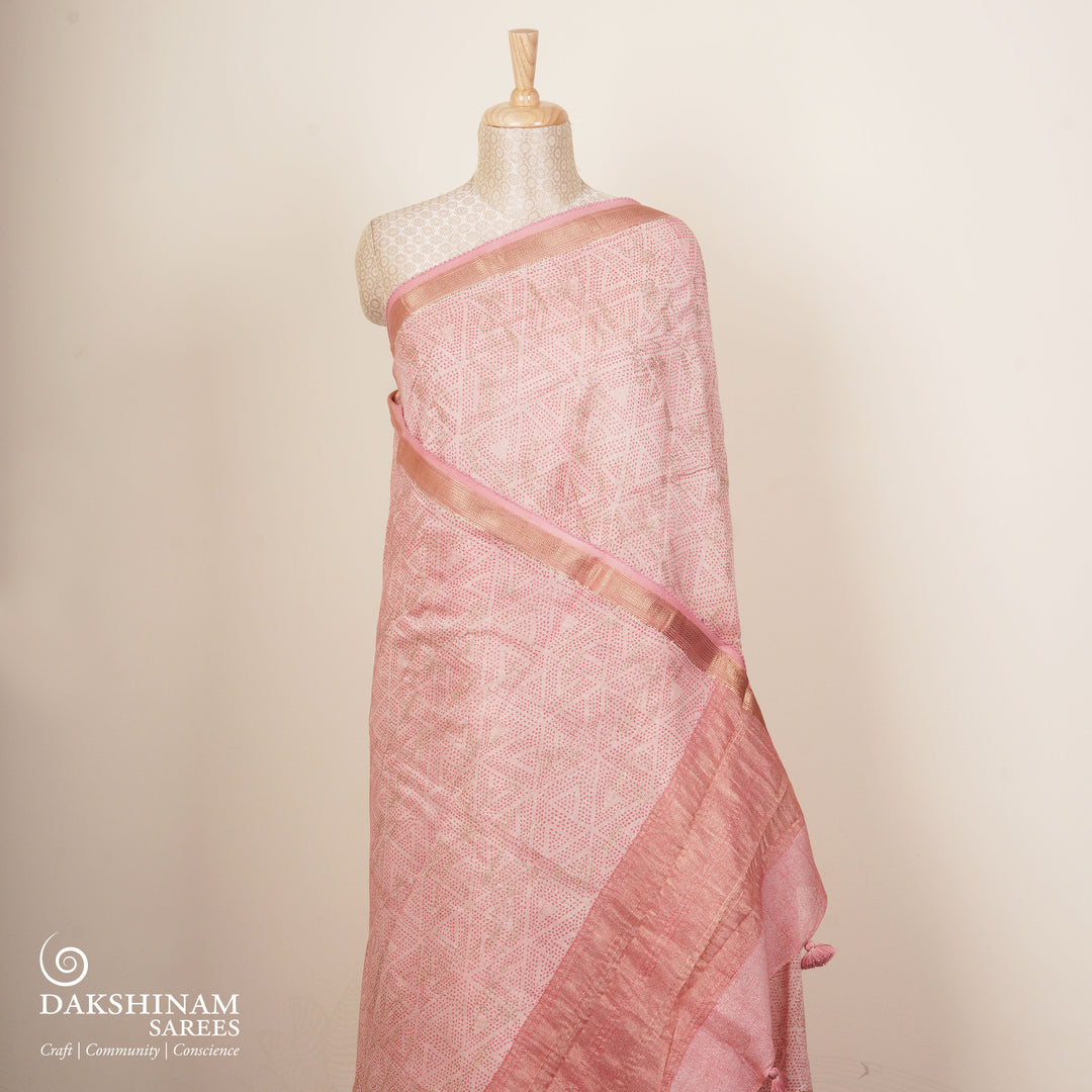 Pink Chanderi silk cotton saree with gold zari dotted triangle motifs and embroidered lace border