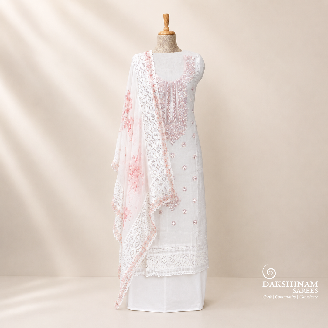 White Kota Embroidered 3 Piece Suit Set with Hacoba Lace Dupatta 37N046375DSC