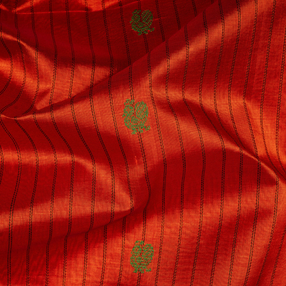 Orange handwoven silk cotton saree with yellow temple border, annam motifs and traditional pallu