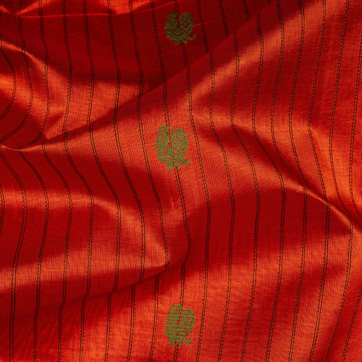 Orange handwoven silk cotton saree with yellow temple border, annam motifs and traditional pallu
