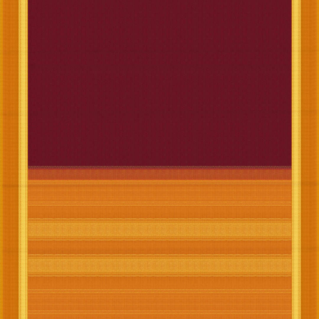 Maroon handwoven Kanjivaram silk saree with mango yellow border, gold zari and contrast pallu
