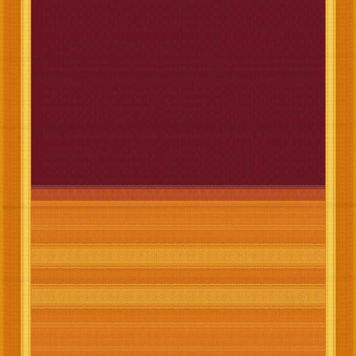 Maroon handwoven Kanjivaram silk saree with mango yellow border, gold zari and contrast pallu