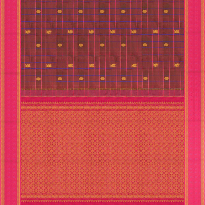 Magenta dual-tone Kanjivaram silk saree with pink border, chakram and annam motifs, and gold zari work