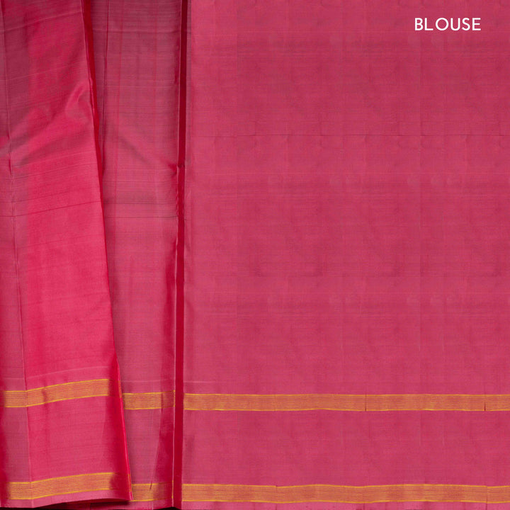Magenta dual-tone Kanjivaram silk saree with pink border, chakram and annam motifs, and gold zari work