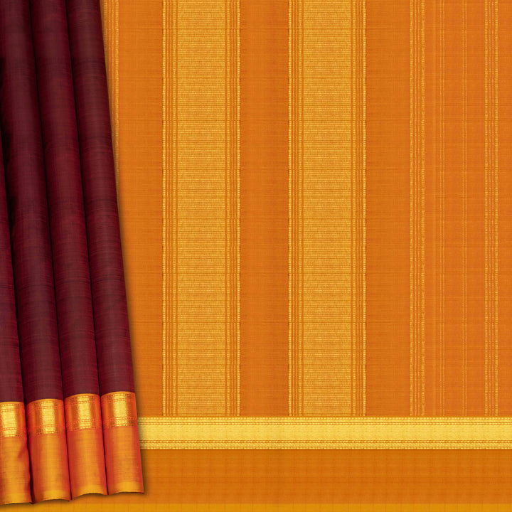 Maroon handwoven Kanjivaram silk saree with mango yellow border, gold zari and contrast pallu