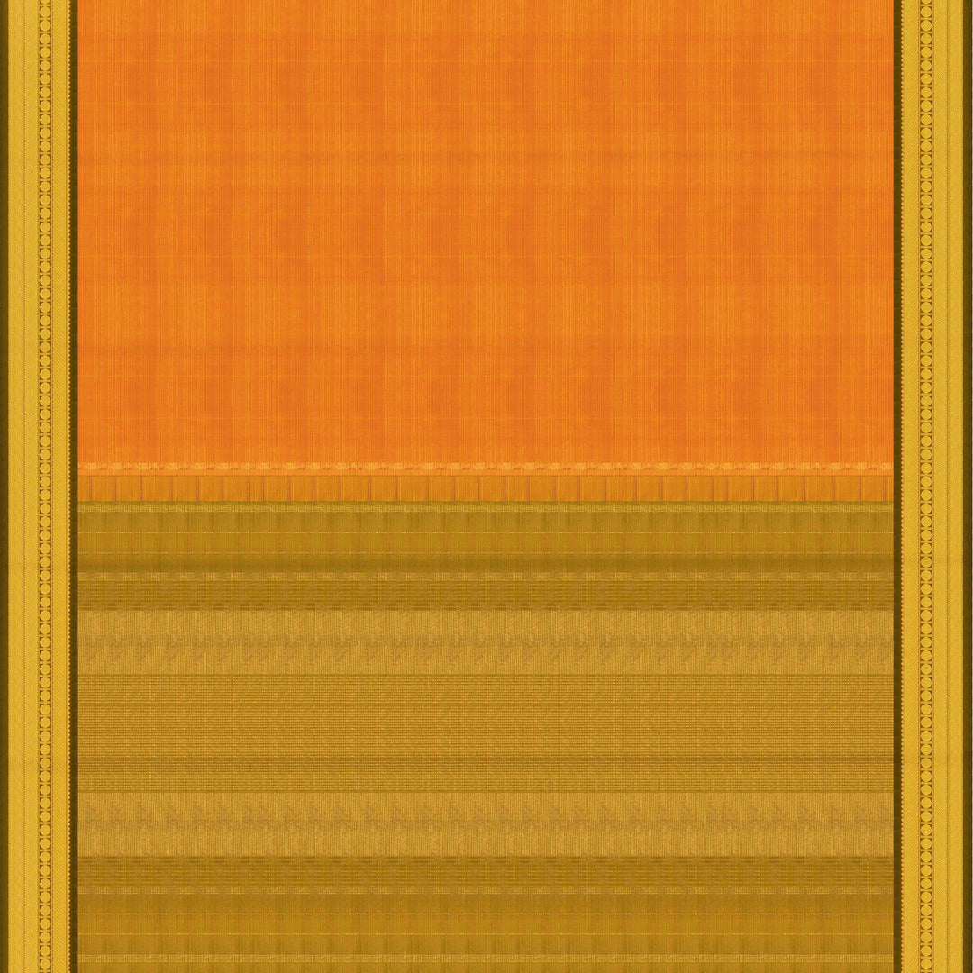 Mango yellow handwoven Kanjivaram silk saree with dark green border, gold zari and temple motifs