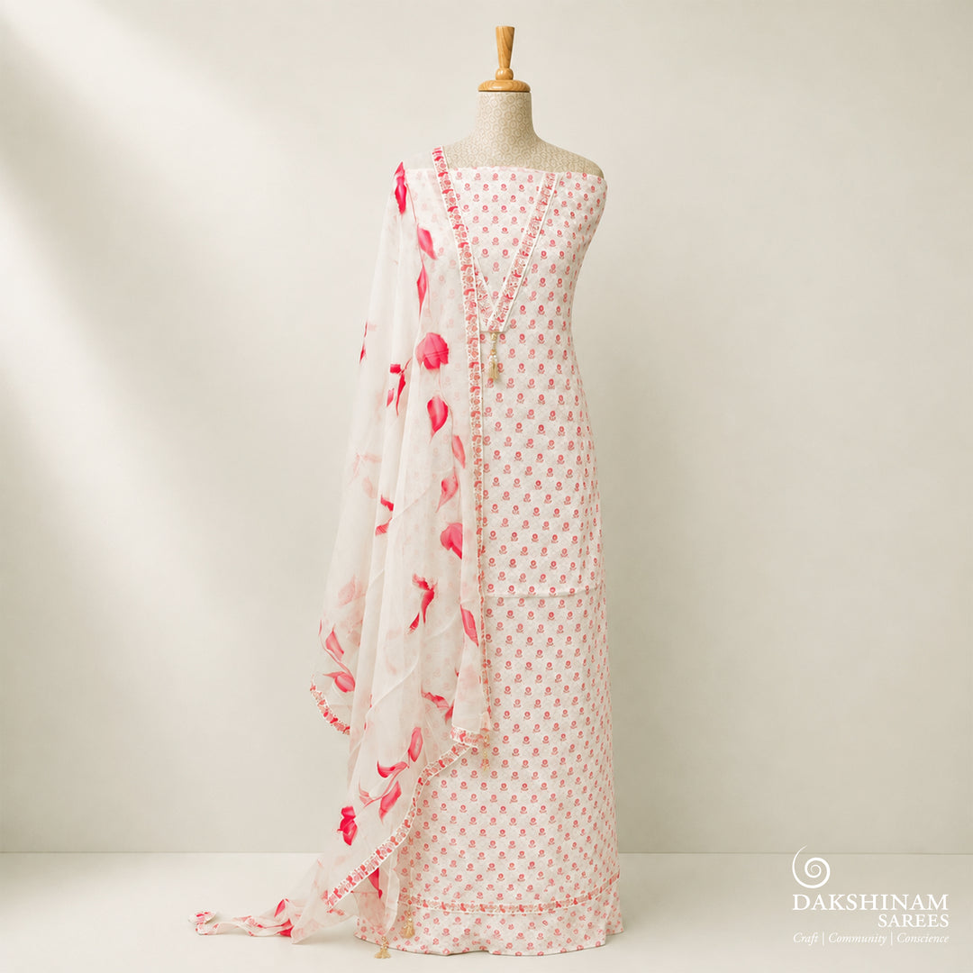 White and Pink Three-Piece Suit Set with Floral Lace and Hand-Painted Dupatta 59T016557DSC