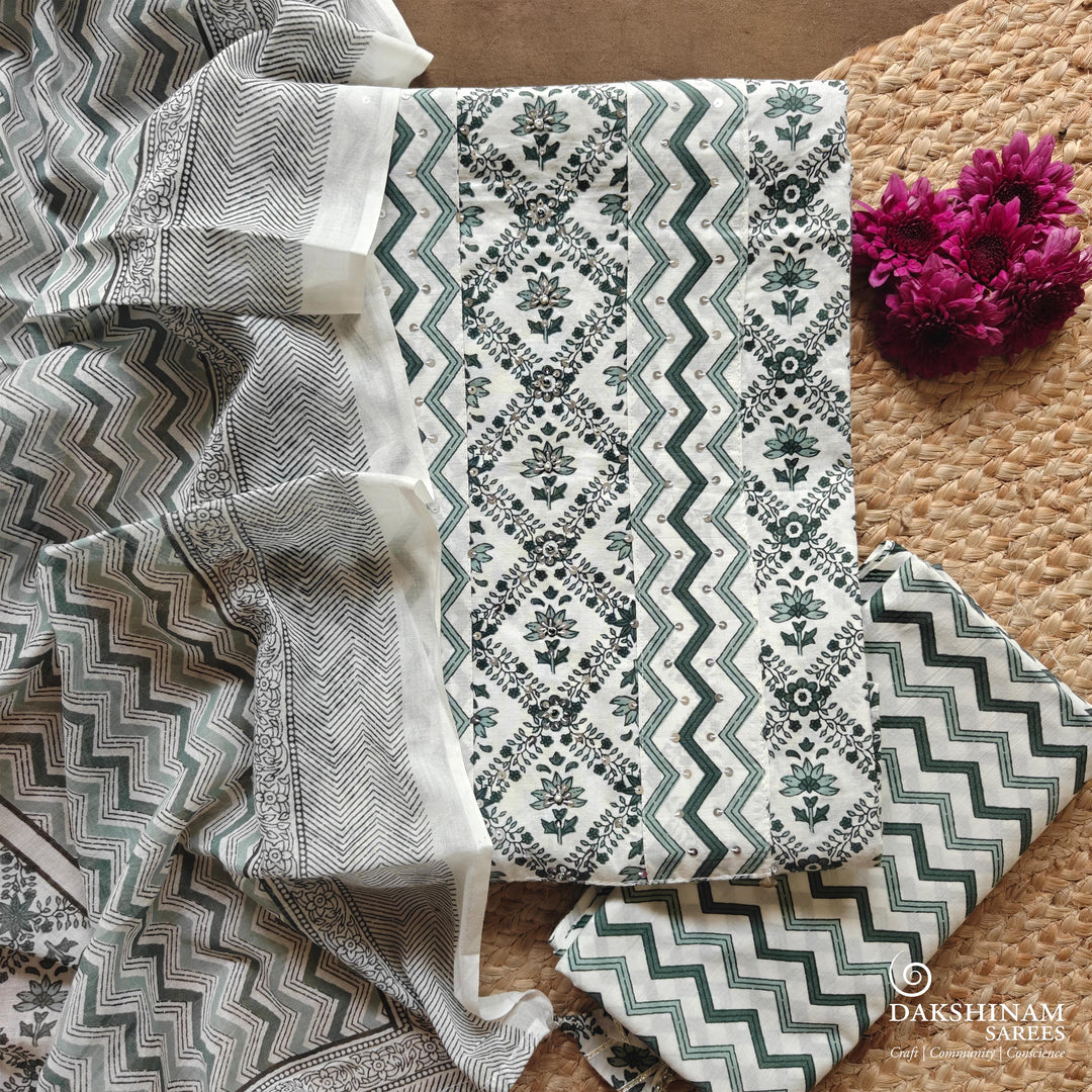 White and Green Three-Piece Suit Set with Floral Embroidery and Chevron 60T016552DSC