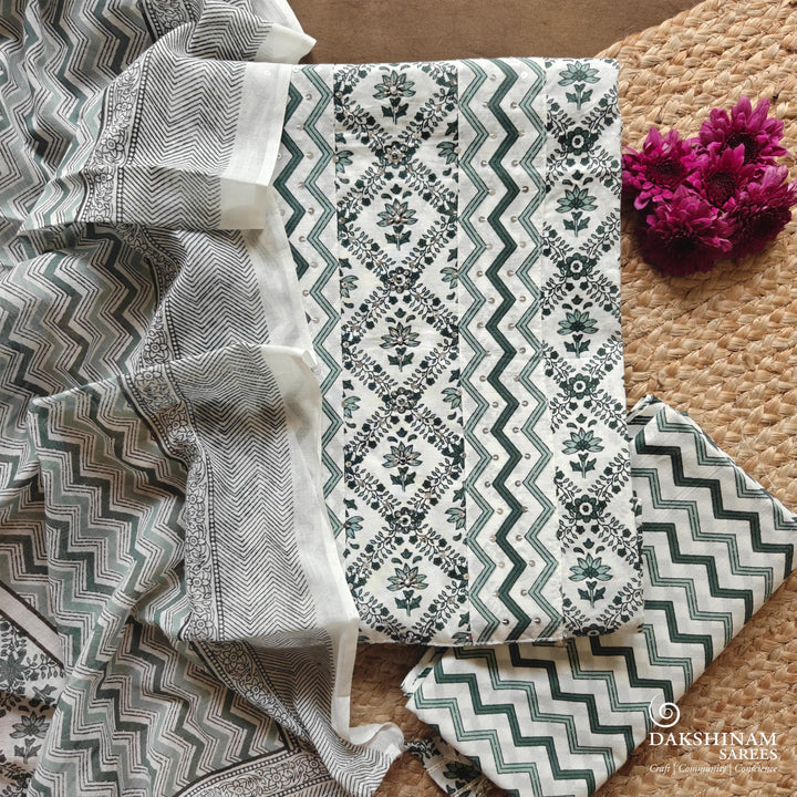 White and Green Three-Piece Suit Set with Floral Embroidery and Chevron 60T016552DSC