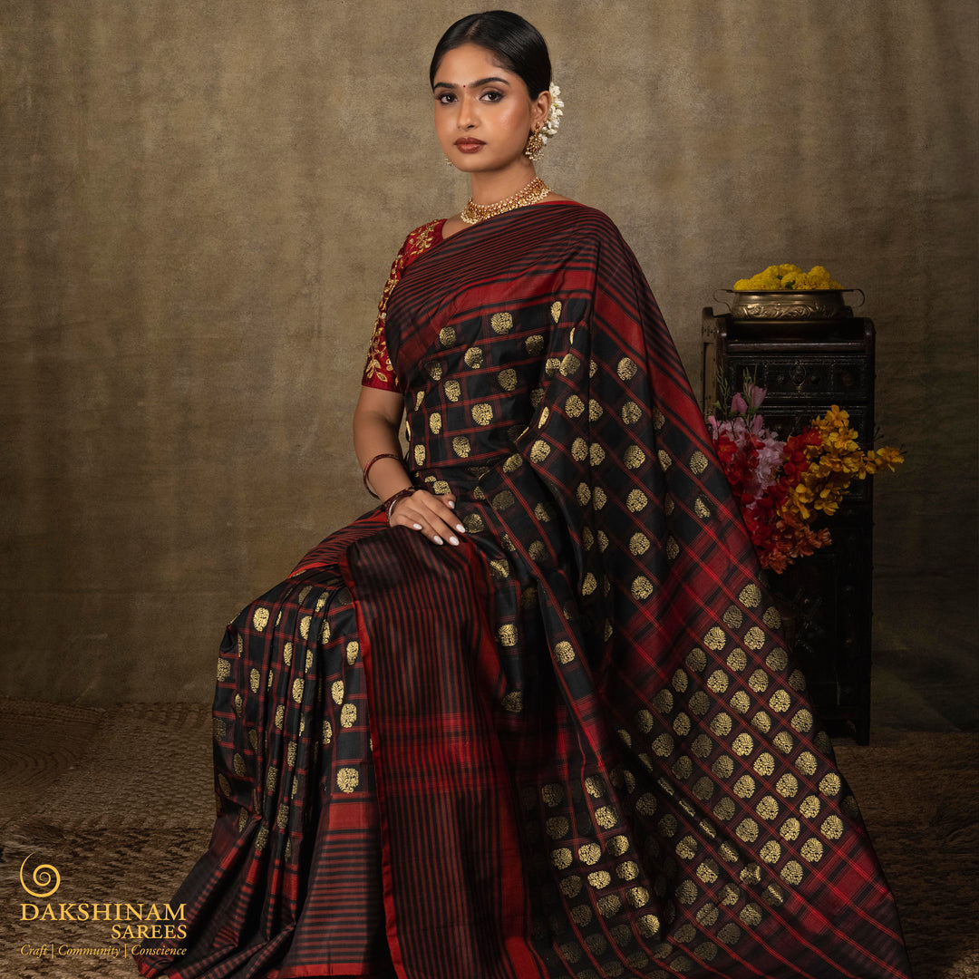 Black Pochampally Ikat Silk Saree with Kadiyal Butta 3407T016362DSC