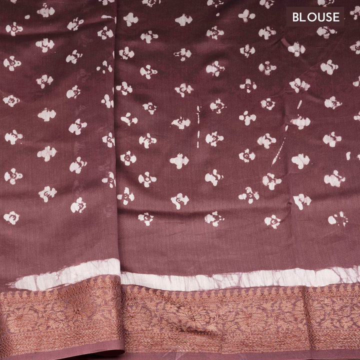 Brown Handwoven Silk Cotton Saree with Batik Print and Floral Zari Border 3507T016709DSC