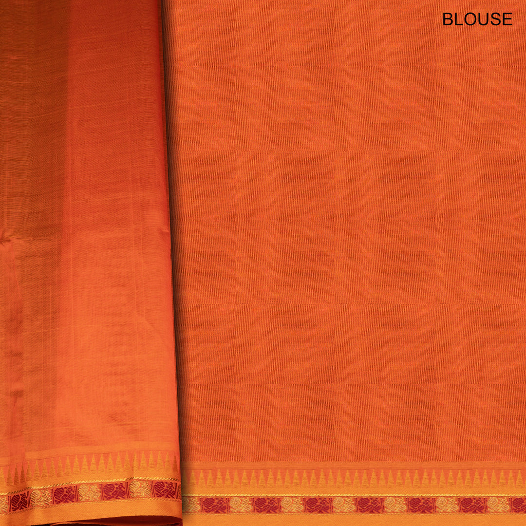 Orange handwoven silk cotton saree with yellow temple border, annam motifs and traditional pallu