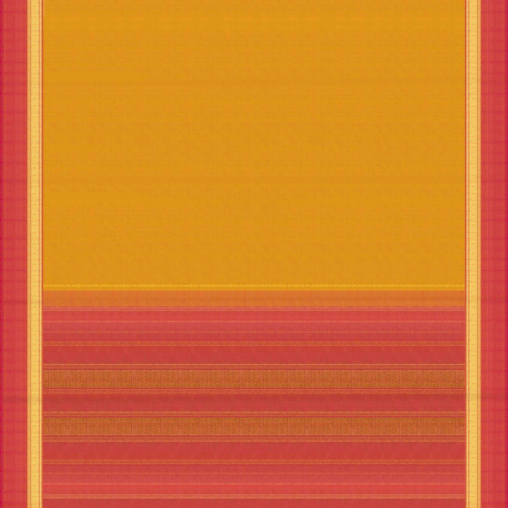 Yellow handwoven Kanjivaram silk saree with pink border, gold zari and contrast pallu