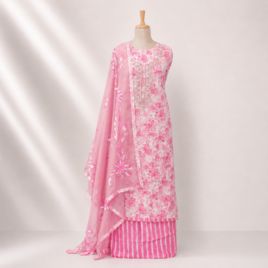 White and Pink Floral Printed Cotton 3 Piece Suit Set with Hand-Painted Dupatta 33N045958DSC