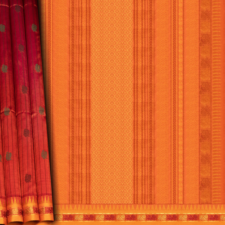 Orange handwoven silk cotton saree with yellow temple border, annam motifs and traditional pallu