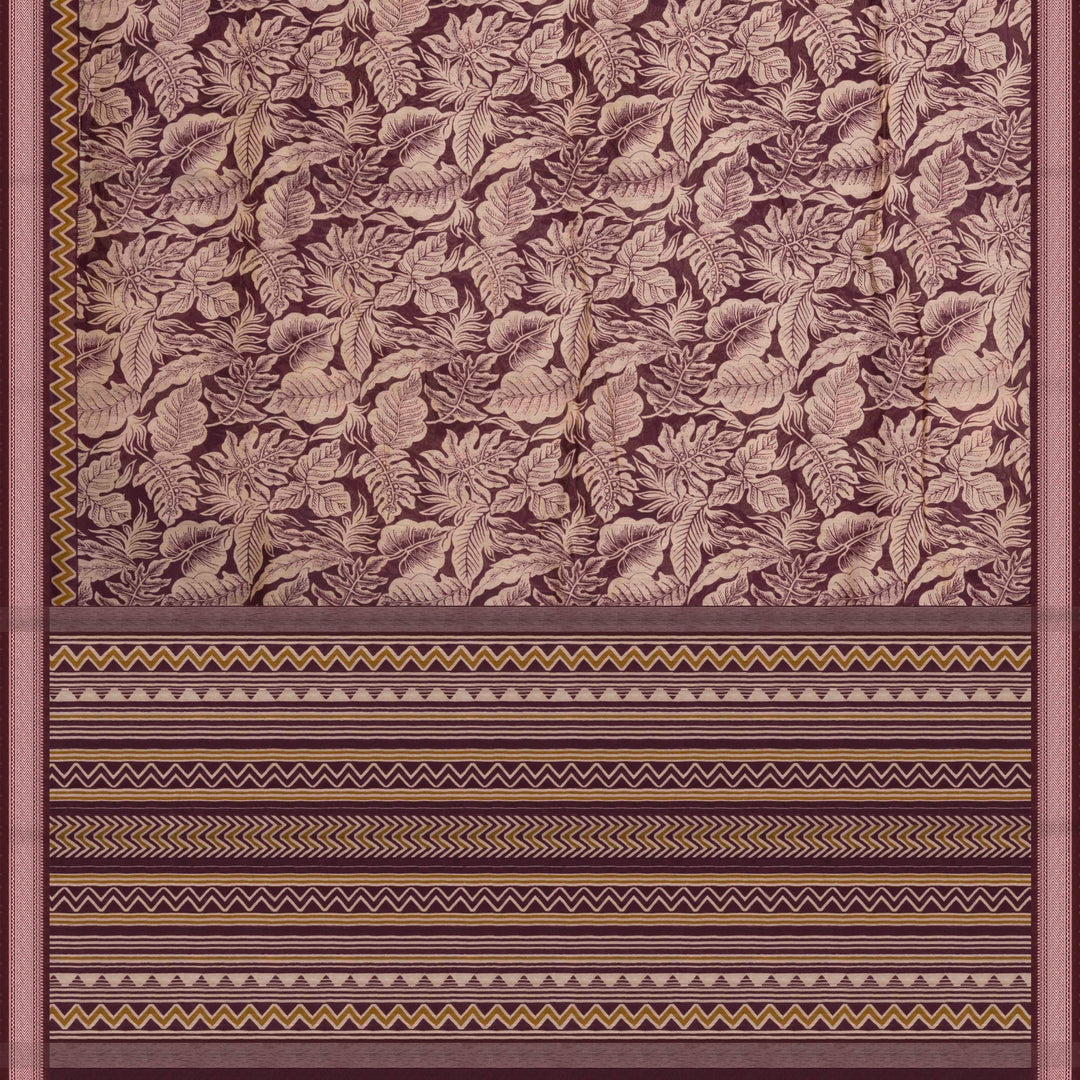 Violet Chanderi silk cotton saree with white leaf print, silver zari border and striped pallu