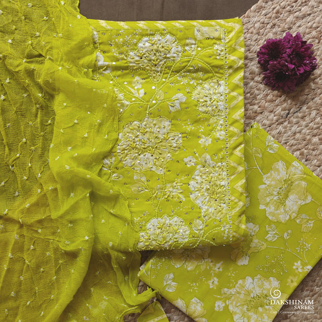 Lime Green Three-Piece Suit Set with Floral Embroidery and Bandhani Dupatta 62N046046DSC