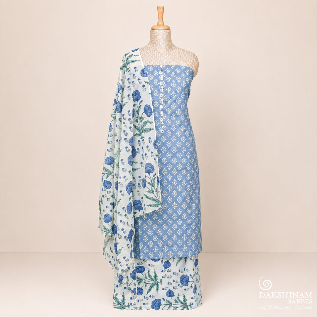 Blue and white three-piece suit set with floral handblock print
