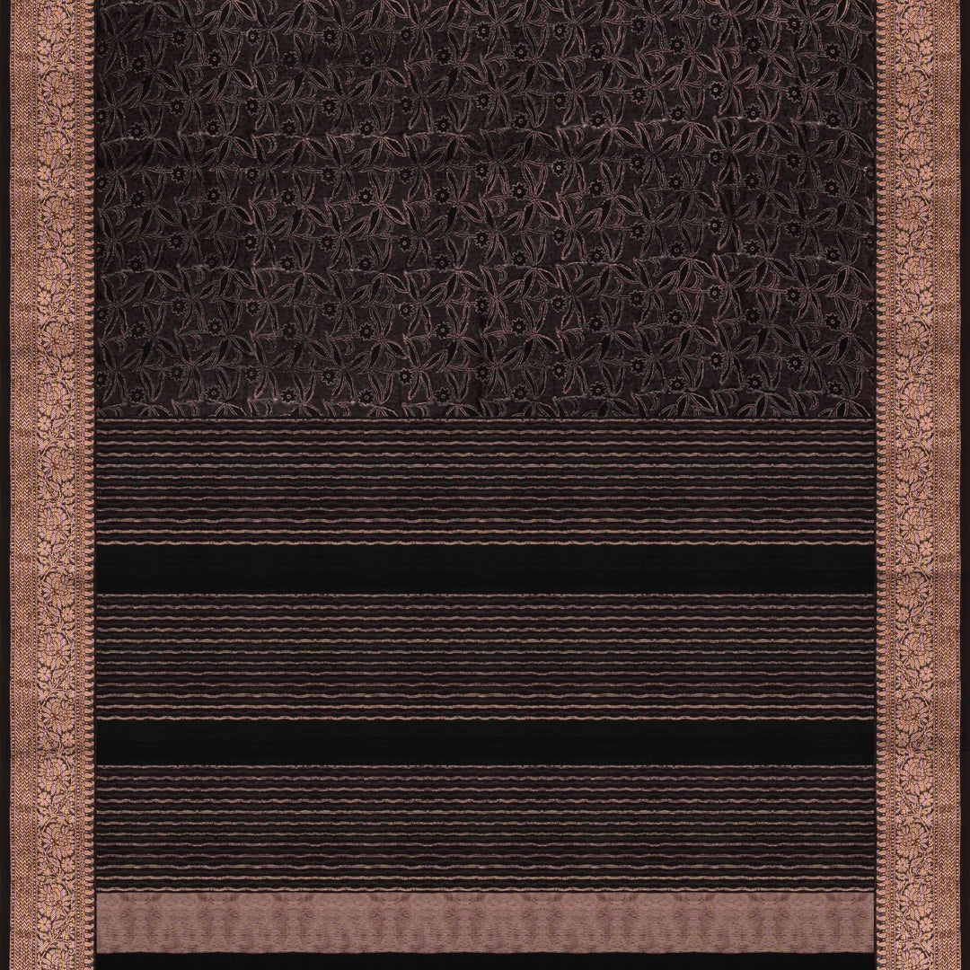 Black Chanderi silk cotton saree with white floral print, gold zari border and striped pallu