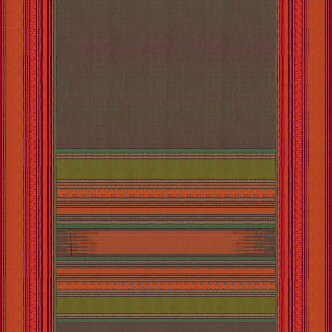 Green handwoven cotton saree with orange and brown border, peacock motifs and traditional pallu