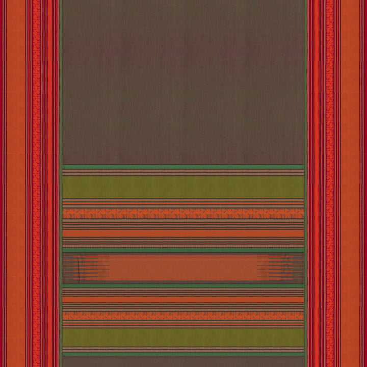 Green handwoven cotton saree with orange and brown border, peacock motifs and traditional pallu
