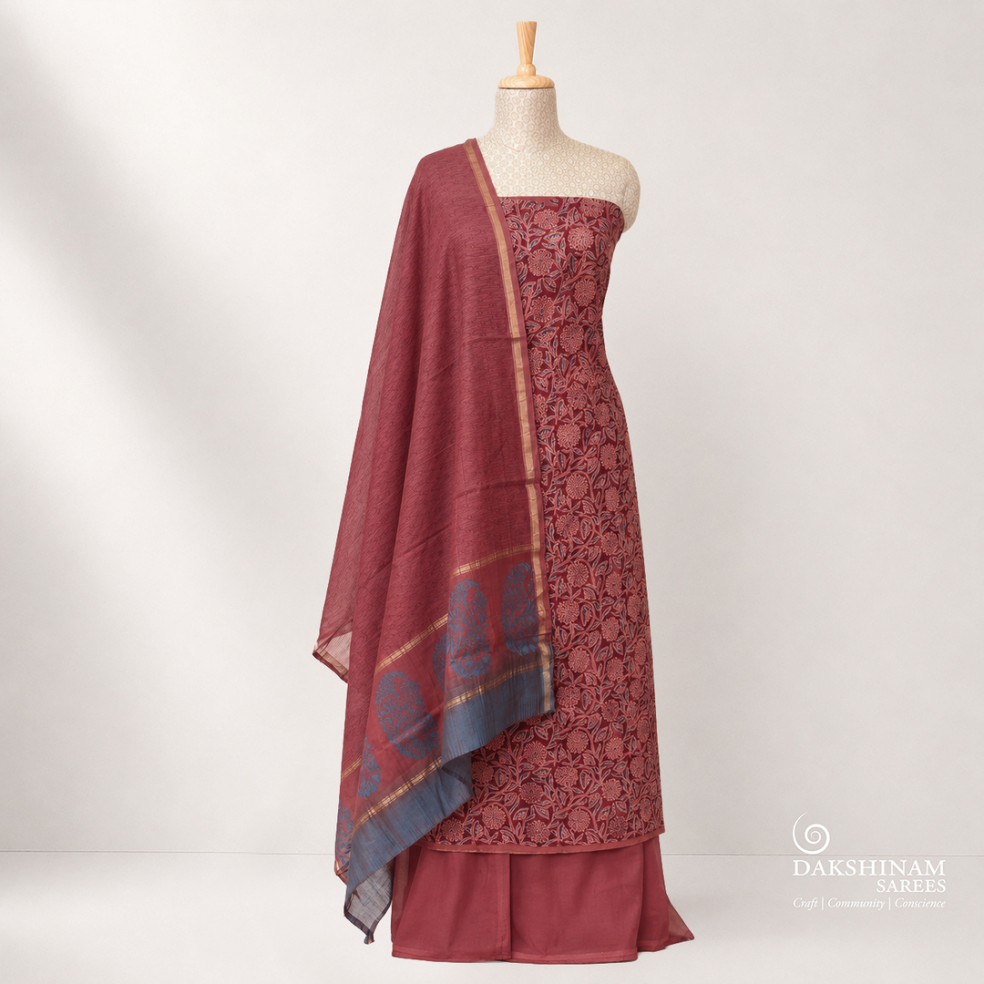 Red Ajrakh Printed 3 Piece Suit Set with Chanderi Silk Cotton Dupatta 36T016807DSC