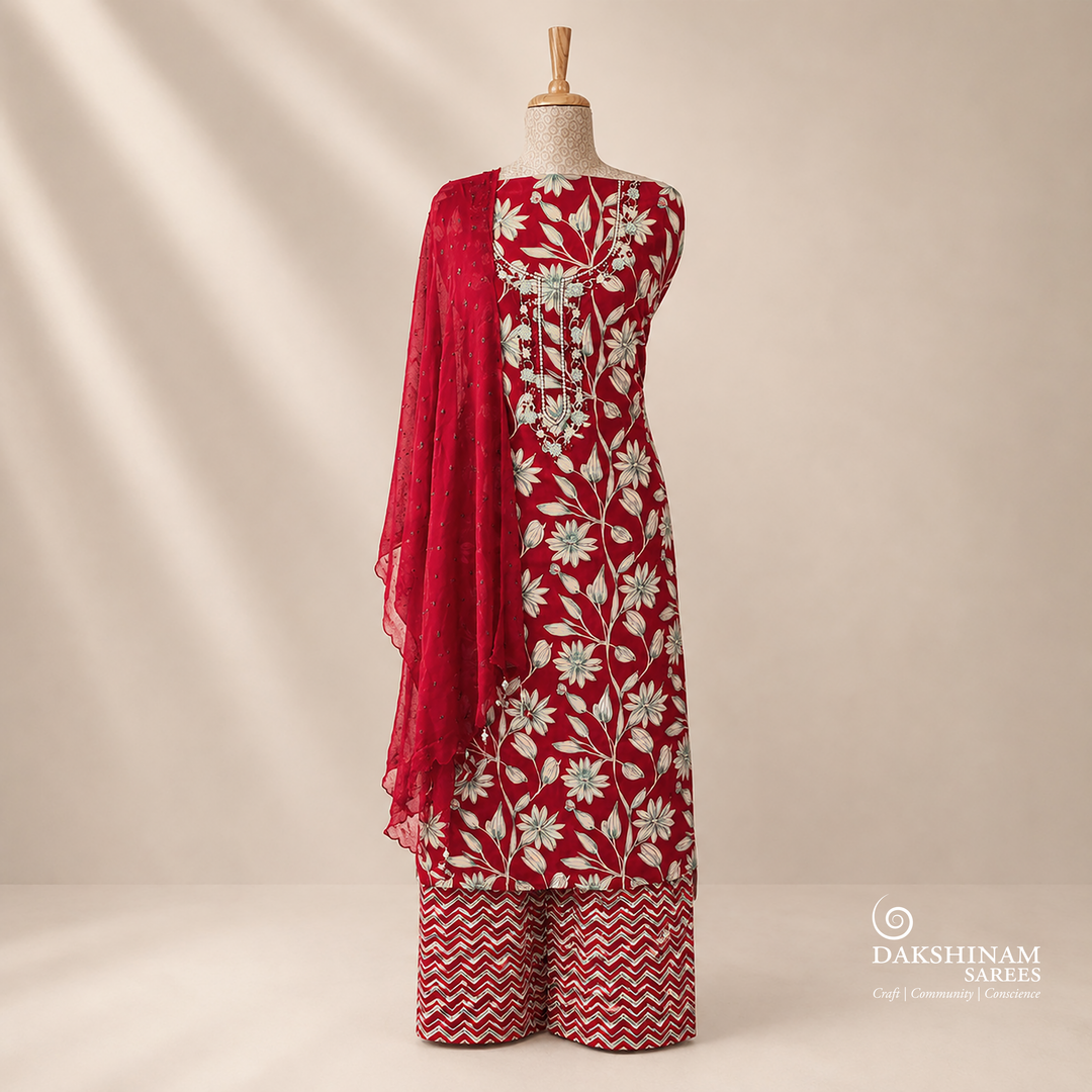 Red Floral Printed Cotton 3 Piece Suit Set with Bandhani Chiffon Dupatta 43N045903DSC