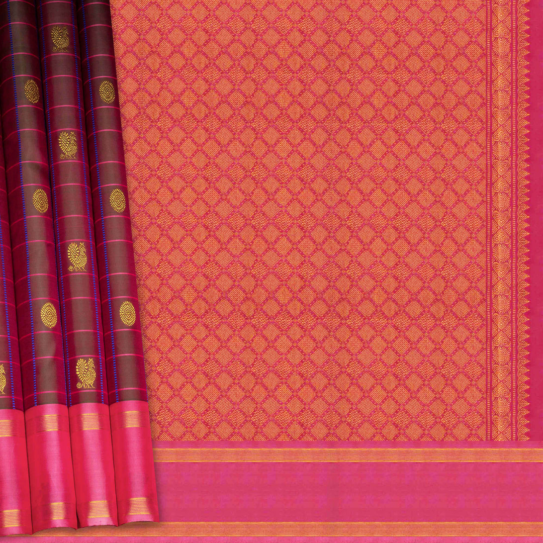 Magenta dual-tone Kanjivaram silk saree with pink border, chakram and annam motifs, and gold zari work