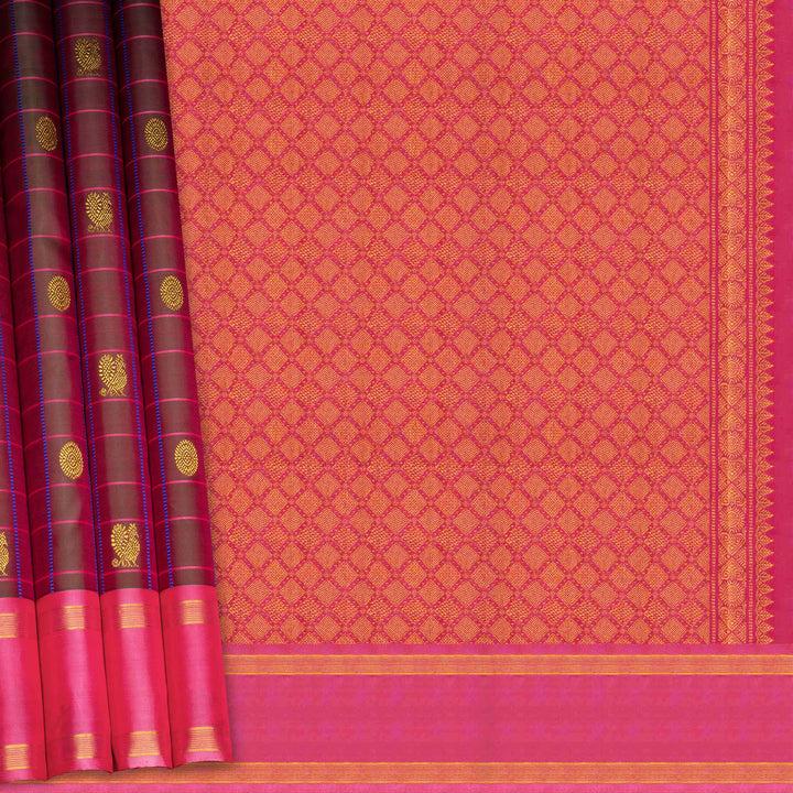 Magenta dual-tone Kanjivaram silk saree with pink border, chakram and annam motifs, and gold zari work