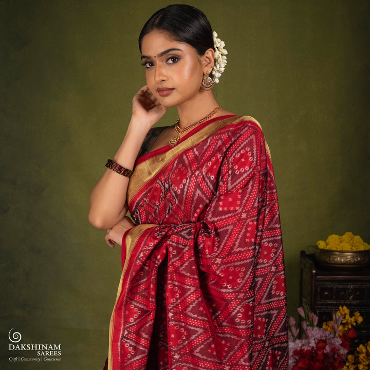 Red Ikat saree featuring maroon and grey diamond-shaped designs, gold zari border, chevron panel pallu with temple design, paired with a plain red blouse.
