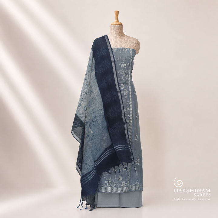 Light Blue Linen Floral Embroidered 3 Piece Suit Set with Dupatta 35N045844DSC