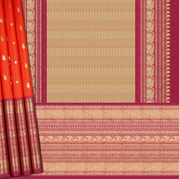 Handwoven Red with Magenta Twill weave Kanjivaram Silk Saree - 1672T007497DSC