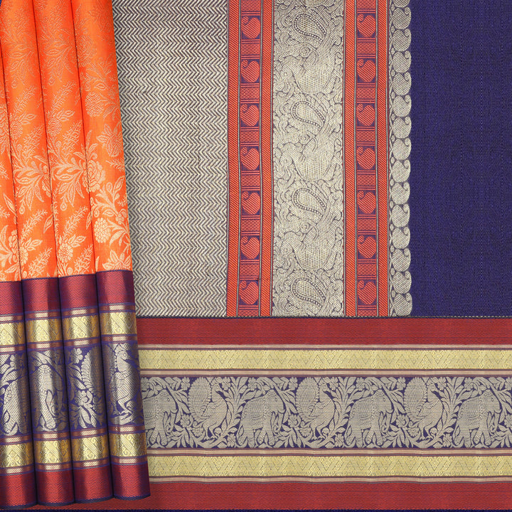 Handwoven Orange with Blue Kanjivaram Silk Saree - 1061T001335DSC - Cover View