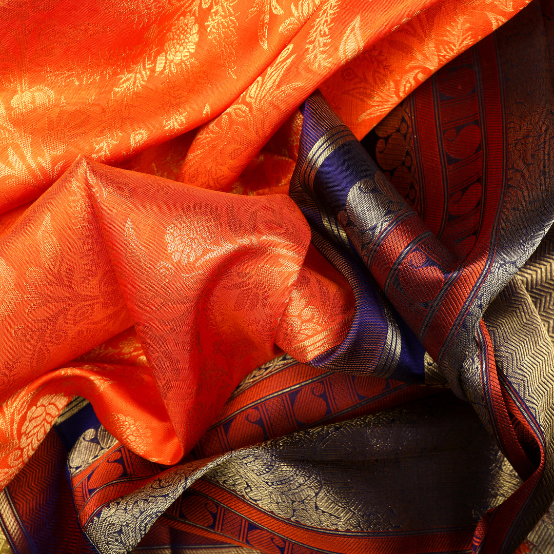 Handwoven Orange with Blue Kanjivaram Silk Saree - 1061T001335DSC - Fabric View