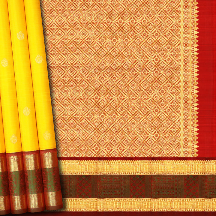 Handwoven Yellow with Maroon Kanjivaram Silk Saree - 475T002834DSC - Cover View