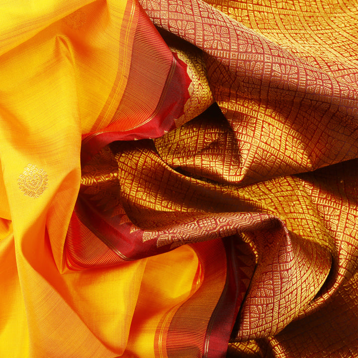 Handwoven Yellow with Maroon Kanjivaram Silk Saree - 475T002834DSC - Fabric View