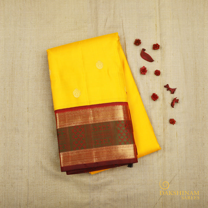 Handwoven Yellow with Maroon Kanjivaram Silk Saree - 475T002834DSC