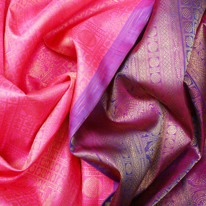 Handwoven Pink with Purple Kanjivaram Silk Saree - 493T002922DSC - Fabric View
