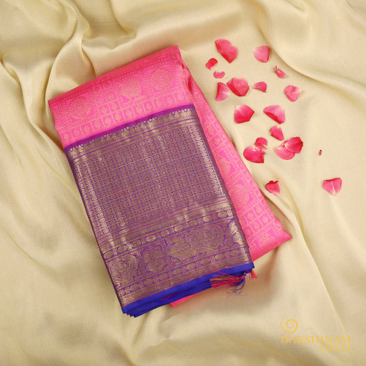 Handwoven Pink with Purple Kanjivaram Silk Saree - 493T002922DSC