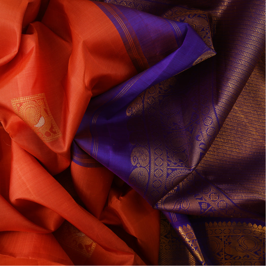 Handwoven Brown with Purple Kanjivaram Silk Saree - 195T002508DSC - Fabric View
