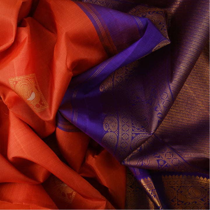 Handwoven Brown with Purple Kanjivaram Silk Saree - 195T002508DSC - Fabric View