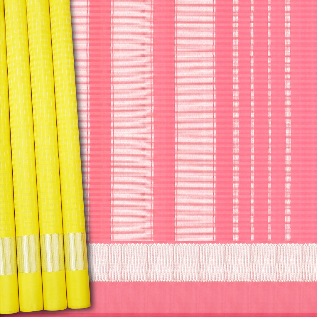 Handwoven Yellow with Pink Kanjivaram Silk Saree - 605T003121DSC