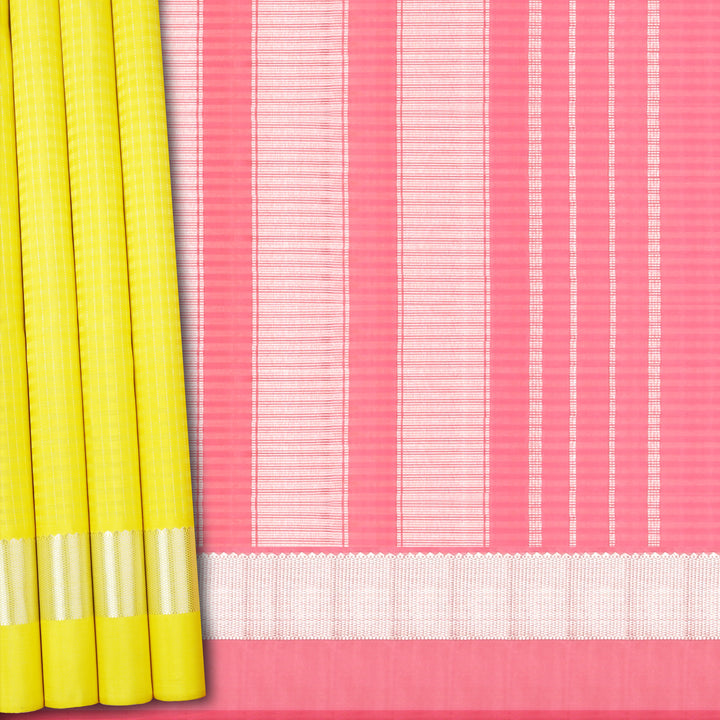 Handwoven Yellow with Pink Kanjivaram Silk Saree - 605T003121DSC