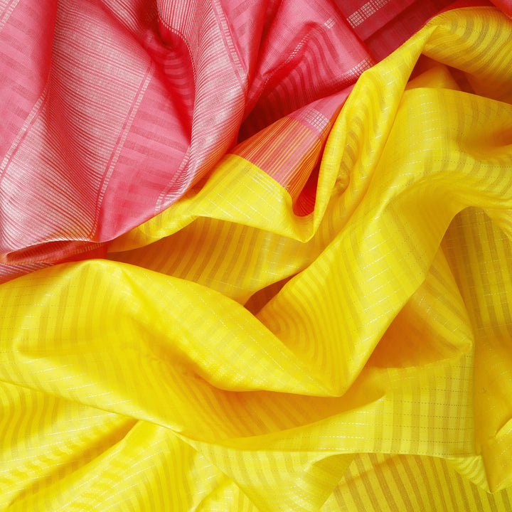 Handwoven Yellow with Pink Kanjivaram Silk Saree - 605T003121DSC